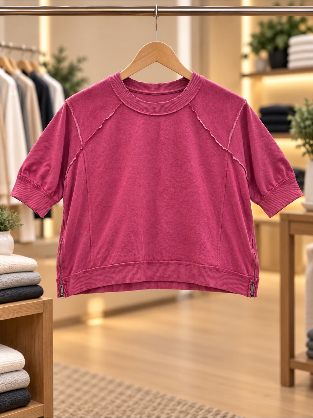 Free People Fuchsia Boxy Short-Sleeve Sweatshirt